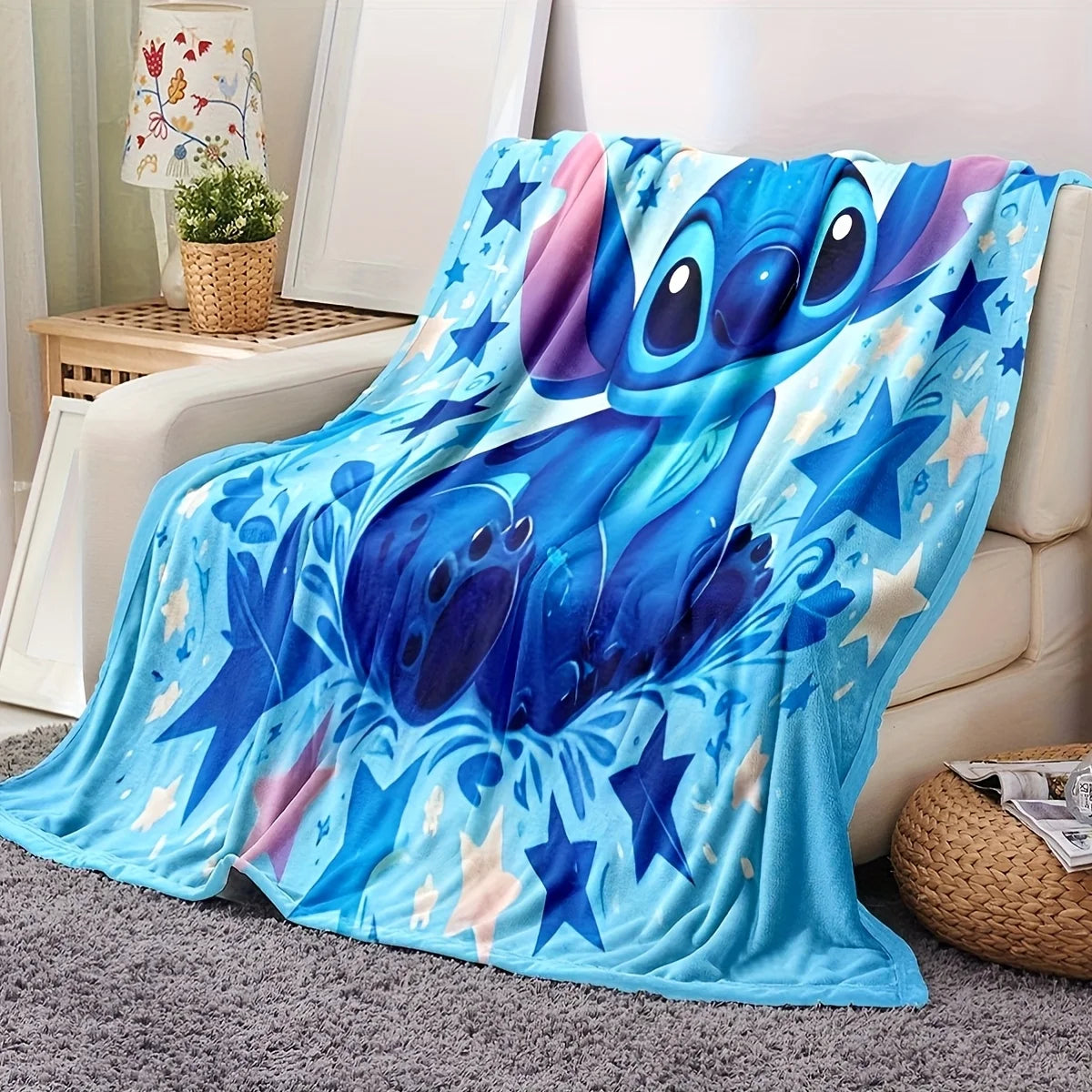 1pc Cozy Flannel Blanket Soft Warm Stitch Starry Night Flannel Blanket Print Machine Sofa Office Camping Travel and Home Decor